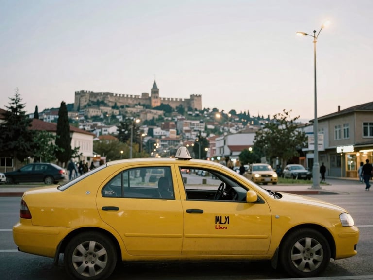 A clean yellow taxi parked on a central Elazığ street during bright daylight, historic Harput castle silhouette visible in the far background, 35mm lens, authentic street photography