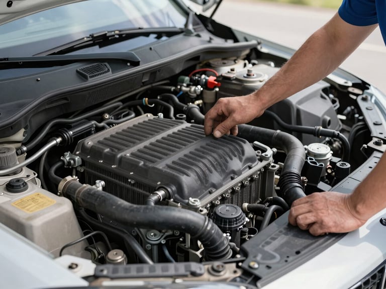 Mechanic checking a car's radiator and hoses, clean engine bay, bright natural daylight, sharp commercial photography.