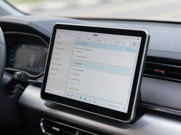Close-up of a modern diagnostic tablet plugged into a car dashboard, displaying technical data, bright natural daylight, high-contrast industrial tones.