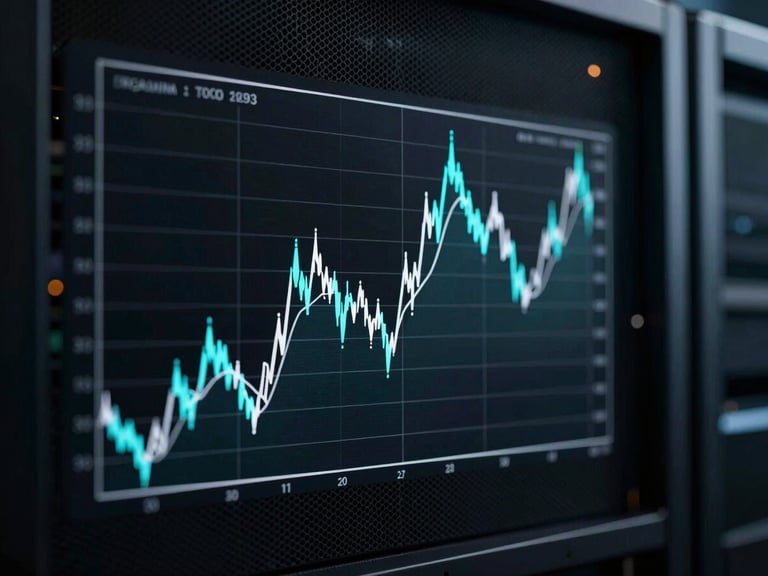 Clean mathematical plot of a financial algorithm's performance, structural white lines on a dark background, electric cyan accents, minimalist terminal interface style