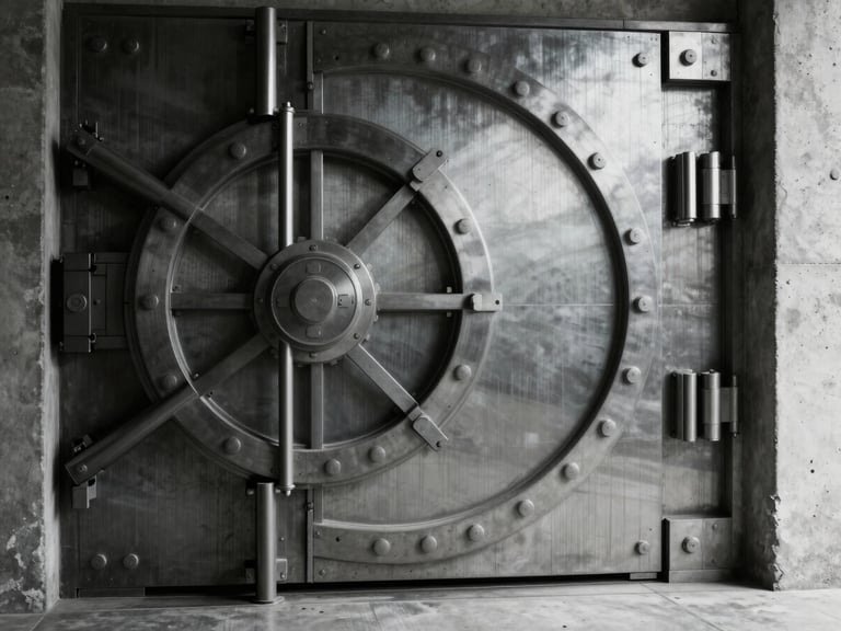 Stark architectural detail of a heavy concrete financial vault door, deep shadows, dramatic side-lighting, cool desaturated tones.