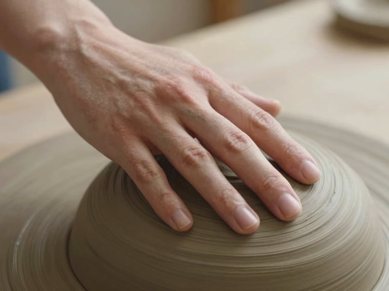 Close-up of a hand gently resting on textured clay under soft, diffused sunlight, symbolizing somatic grounding and care.