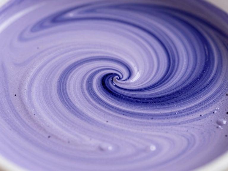 Extreme macro close-up of textured liquid paint swirling with pale lavender and deep indigo, soft diffused studio light.