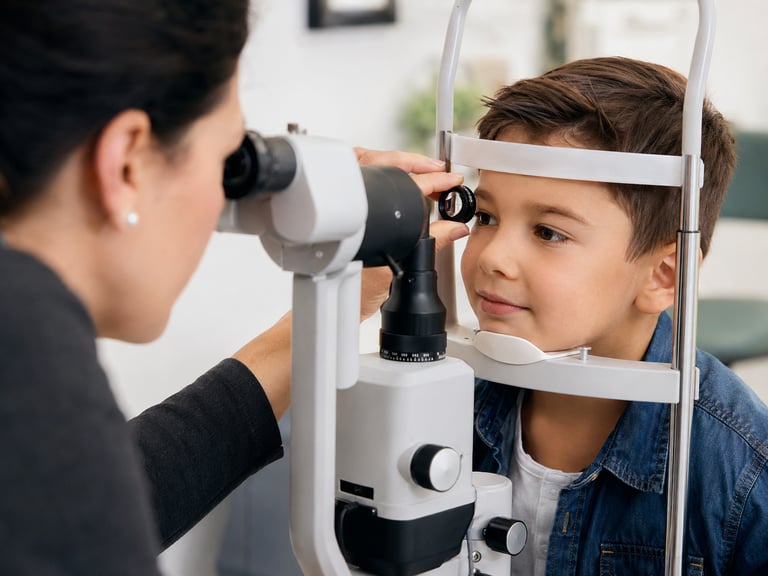 AI-generated illustrative image of a child receiving an eye exam.