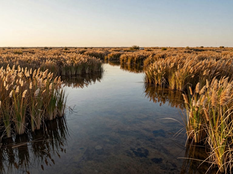 Wide shot of a restored desert wetland, clear water reflecting the sky, native reeds and cattails, low horizon, warm golden hour light, earthy tones with subtle cobalt reflections.