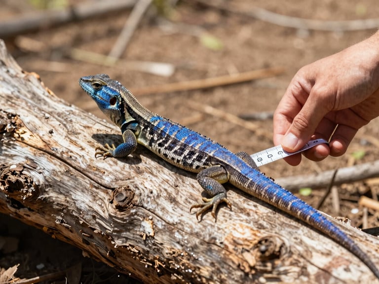 Close-up of a blue-belly lizard on a weathered log, a researcher's hand gently holding a small measuring tape nearby, low-angle ground perspective, warm editorial photography, direct sun.