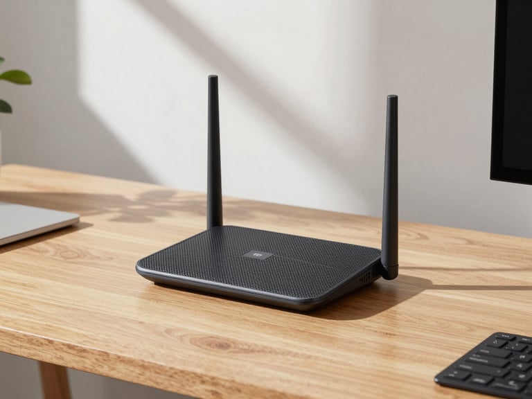 Clean home office setup with a sleek mesh router on a wooden desk, bright indirect daylight, minimalist interior