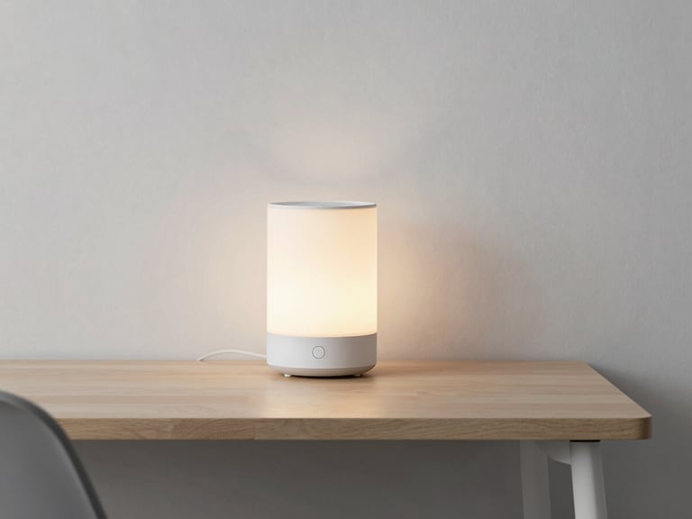 A neatly organized smart home environment with automated lighting casting soft warm glow on a minimalist desk, daytime shot, cool neutral tones