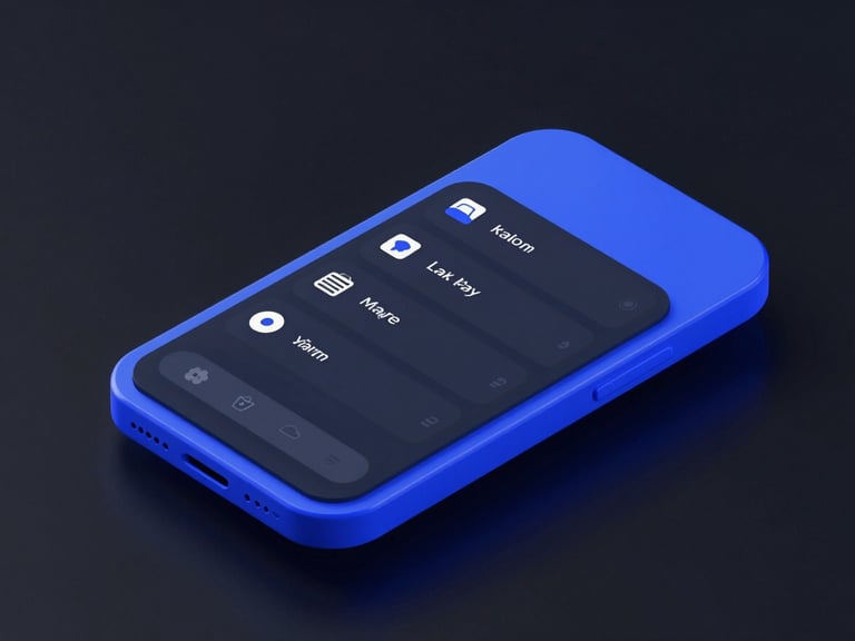 Sleek 3D render of a mobile app interface showing a clean task management utility, geometric layout, vibrant electric blue accents, dark background, isometric perspective, studio lighting.
