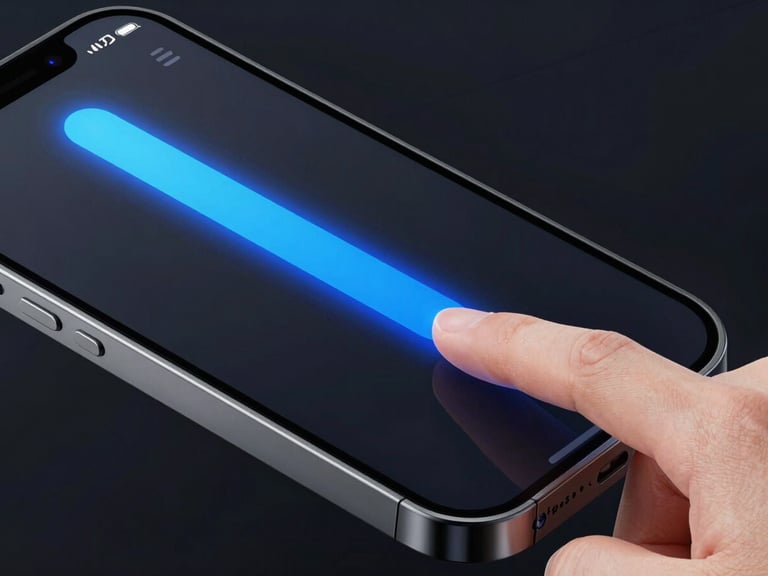 Macro shot of a smartphone screen displaying FocusFlow app, clean minimalist UI with electric blue progress bar, dark background, finger gently tapping the screen, studio lighting.