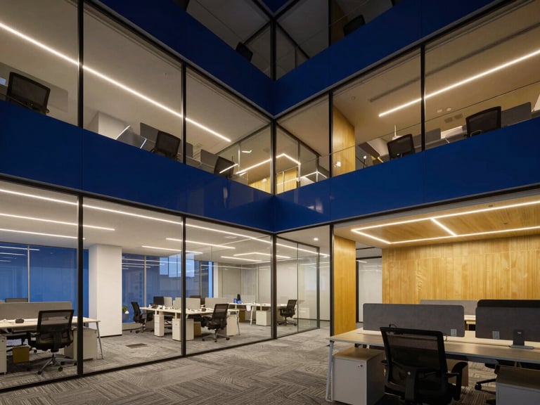 High-contrast architectural interior of a contemporary corporate office space with geometric lines, glass partitions, and ergonomic workstations, golden accents from lighting.