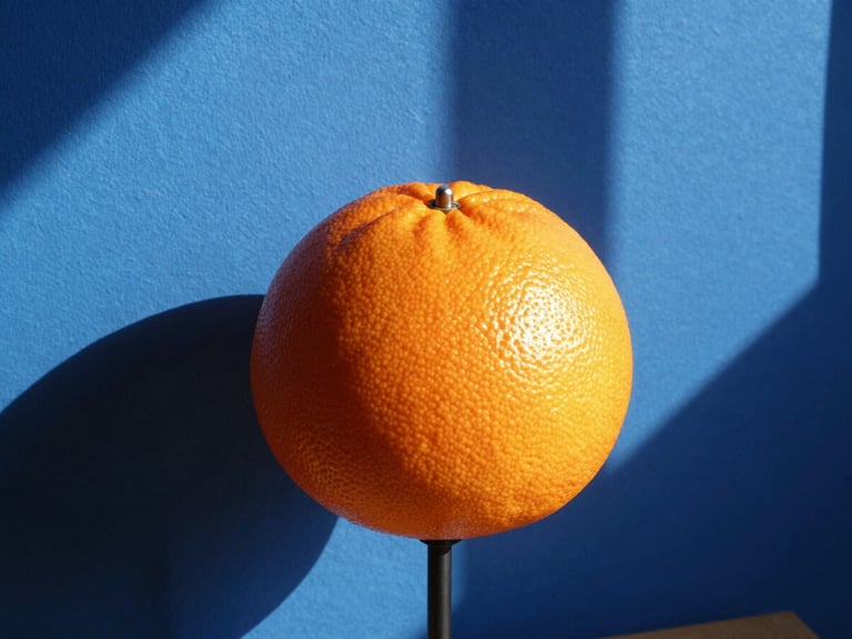 A close-up of a modern sculptural tangerine table lamp casting sharp geometric shadows on a cobalt blue wall, direct sunlight, 35mm lens