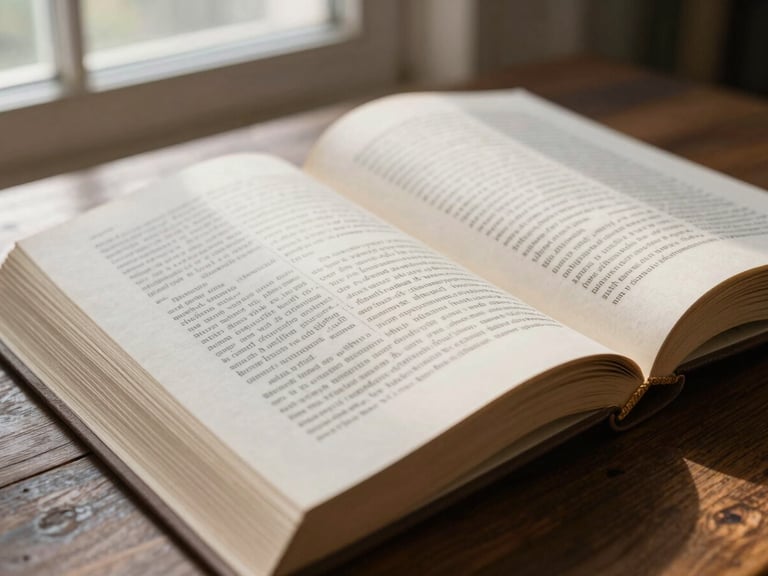 Macro detail of an open, linen-bound book resting on a dark wooden table, soft morning window light highlighting the paper grain and elegant serif typography.