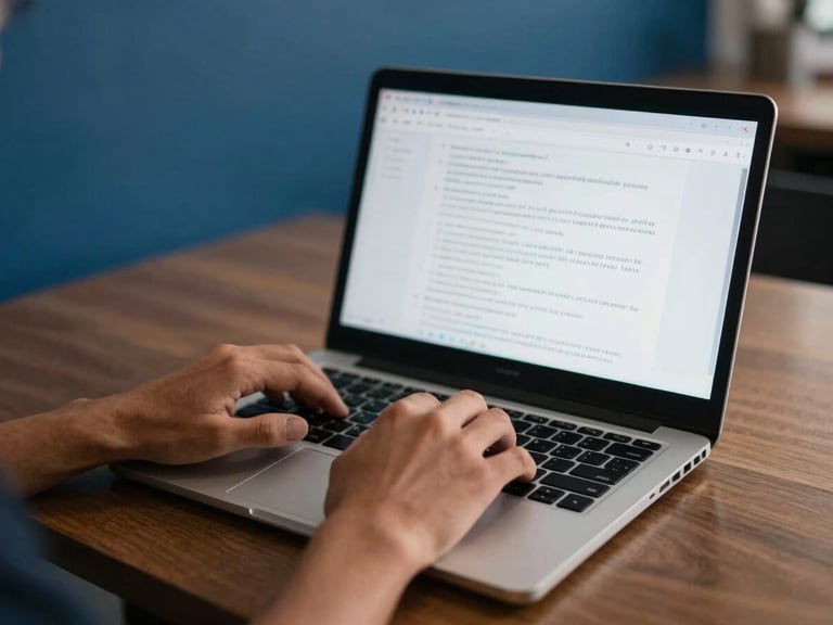 Mãos de um trabalhador brasileiro digitando em um laptop, com um documento digital na tela, em um ambiente de escritório doméstico simples e organizado. Luz do dia.