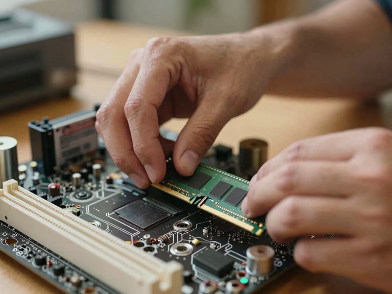 Close-up of a technician's hands carefully installing a high-performance RAM module into a clean motherboard, warm natural workshop lighting, sharp focus on hardware details.