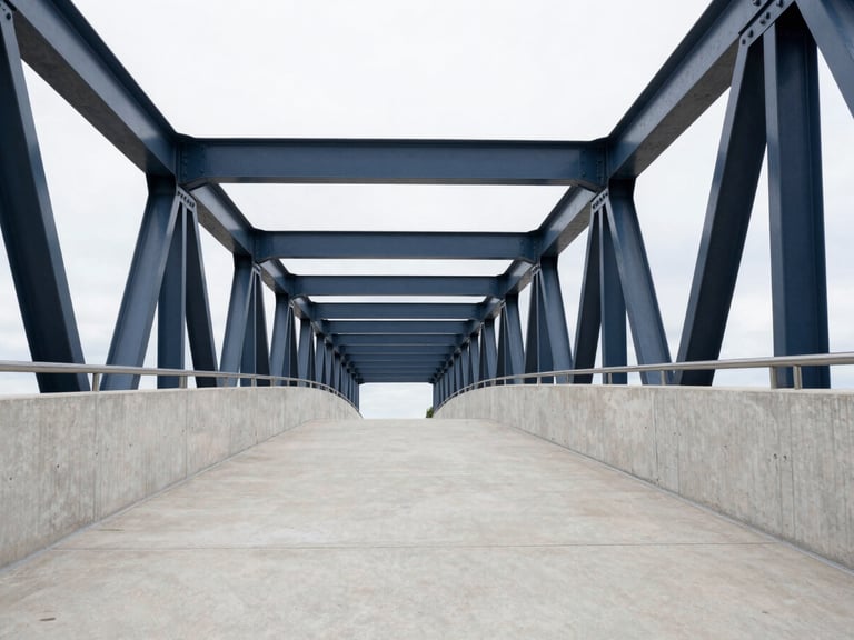 An elegant architectural shot of a modern concrete and steel bridge path, clean lines, bright overcast daylight, sharp focus, 35mm