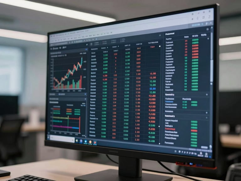 Extreme close-up of a financial analysis dashboard on a wide monitor in an empty modern office, cool overhead fluorescent light, rows of data tables and regional currency charts visible on screen, no people, dark bezel framing the display