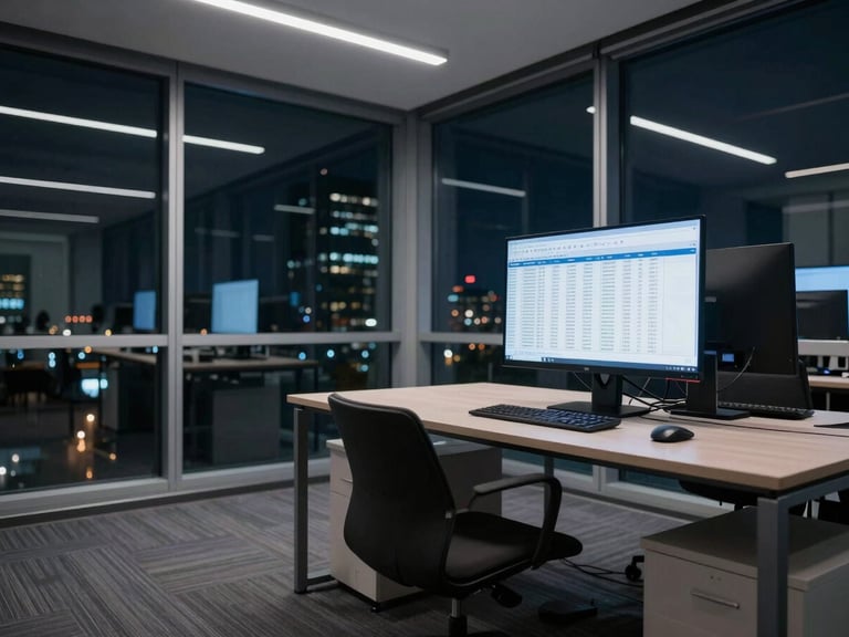 Wide environmental shot of a modern financial office interior at night, empty desk with a large monitor displaying structured spreadsheet data, cool fluorescent overhead light, floor-to-ceiling glass walls reflecting city lights, deep navy and charcoal tones