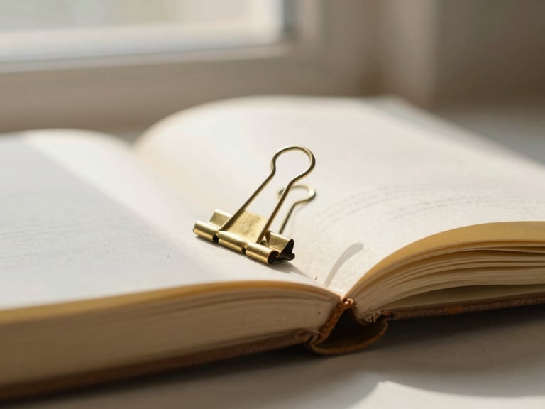 Macro detail of a brass clip holding open a well-worn journal on a sunlit table, soft shadows, warm tones, 35mm