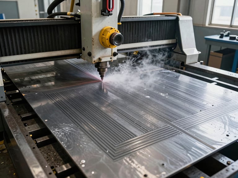 Wide overhead documentary shot of a waterjet CNC machine in operation, cutting a large steel sheet on the work table, bright north-facing industrial light, water mist visible above the cut line, dense nested part layout visible on the sheet