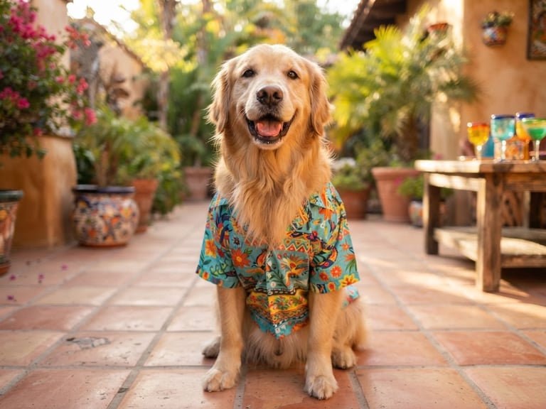 Bright joyful pet photography, eye-level shot of a happy Golden Retriever wearing a colorful Mexican tropical shirt, sitting on a sun-drenched patio, warm natural daylight, shallow depth of field