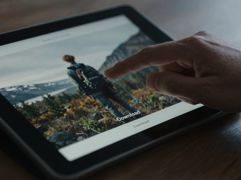 A close-up of a hand clicking a 'Download' button on a tablet screen, showing a crisp, high-resolution image in the background, natural light.