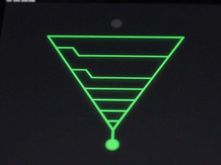 Abstract vector flowchart of a multi-touch ad funnel on a dark interface, sharp neon green lines, technical diagram style