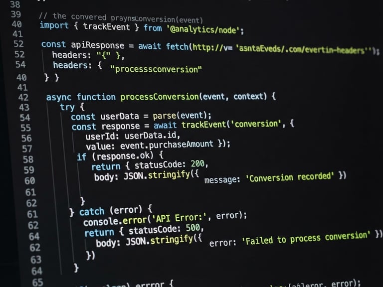 Macro close-up of a dark-mode code editor displaying clean server-side conversion API integration, electric lime highlights, sharp contrast