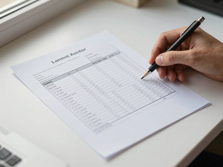 Overhead view of a printed loan amortisation schedule on a white desk, a hand resting beside it holding a mechanical pencil, soft north-facing window light, numbers clearly visible on the document, warm-gray surface