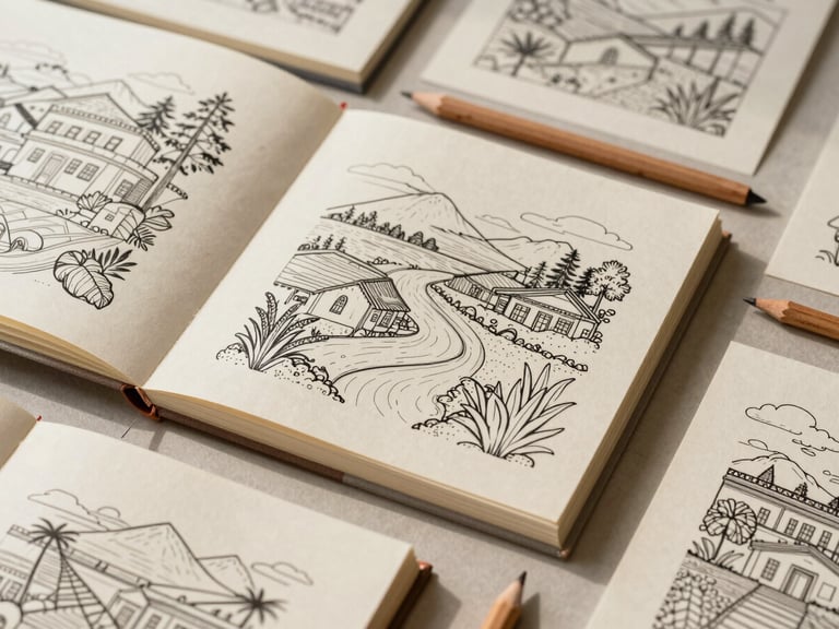 A flat lay of custom-designed hotel coloring books, showing beautifully illustrated local landscapes, textured cream paper, wooden pencils, soft shadows, warm daylight, 35mm