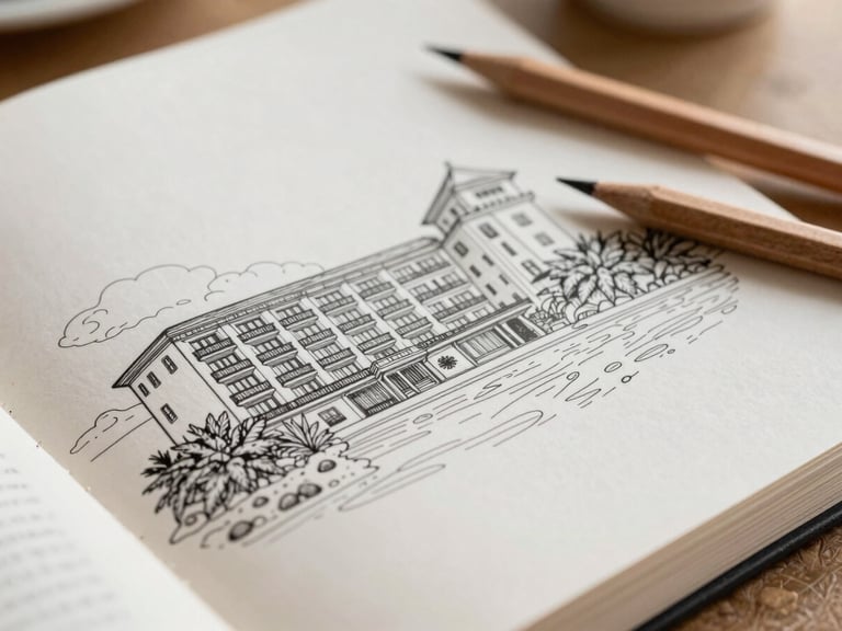 Close-up of a custom coloring book with elegant line art of a coastal hotel, wooden pencils resting nearby, natural light