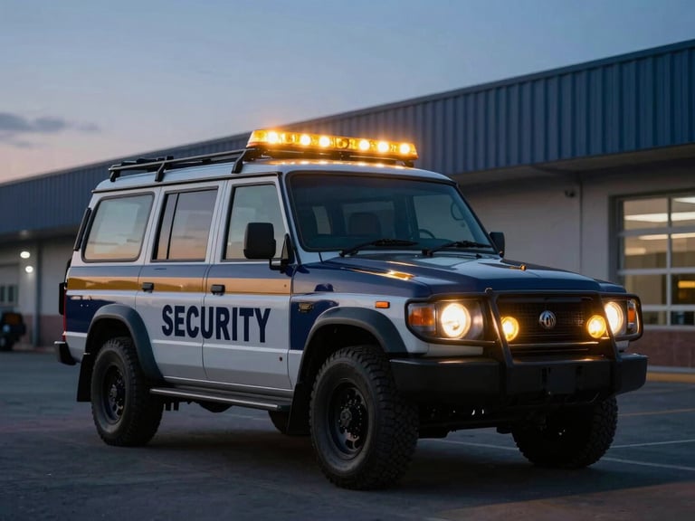 Branded Ghani Shield Security patrol vehicle with amber light bar, illuminated at twilight, parked securely on a commercial property, wide environmental shot, cinematic editorial photography.
