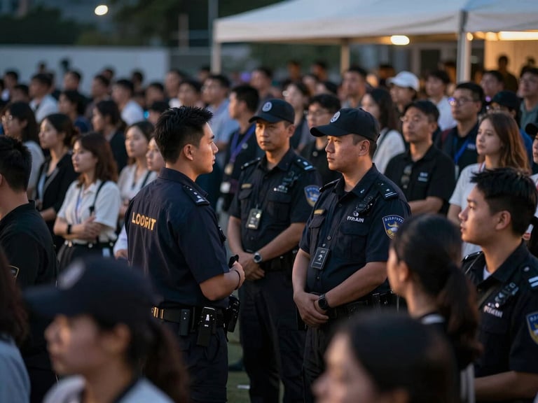 Security officers discreetly overseeing a well-managed event crowd, focus on professional interaction, twilight lighting, cinematic editorial photography.