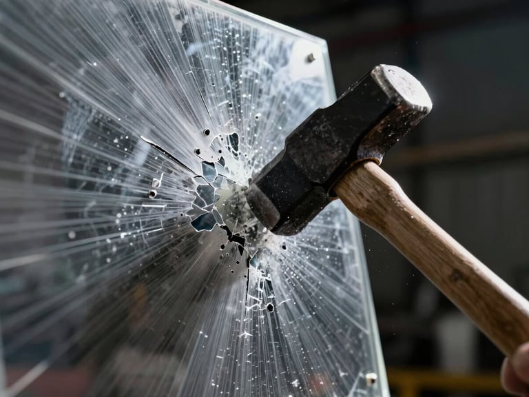 Macro close-up of a clear polycarbonate panel resisting a heavy sledgehammer blow, showing localized surface scuffing but zero structural cracking or penetration, high-contrast industrial lighting