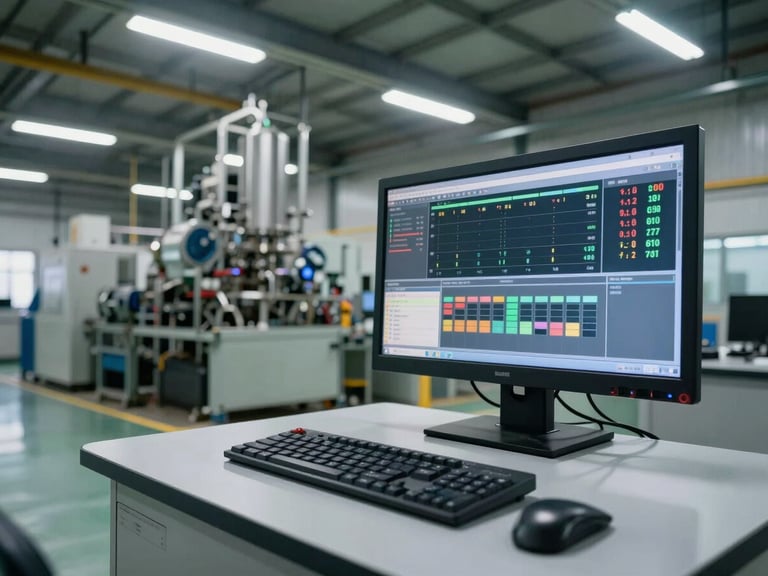 Wide environmental shot looking across a factory floor control station, a large monitor displaying a live operational dashboard with numeric readouts and status indicators in the foreground, industrial machinery visible in the background under bright overhead fluorescent lighting, framed from a low angle to emphasize the scale of the room