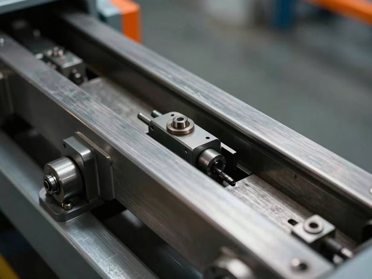 Close-up macro shot of a heavy-duty gearless elevator traction machine, solid steel guide rails, precise mechanical calibration tools visible, dramatic industrial lighting with high contrast, safety orange highlights.