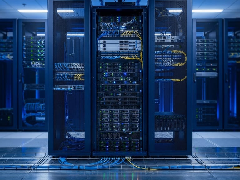 Wide shot of a modern, clean server rack with subtle blue ambient backlighting, sharp corporate technology photography, cool studio lighting, deep navy and electric blue tones, clean professional depth of field.