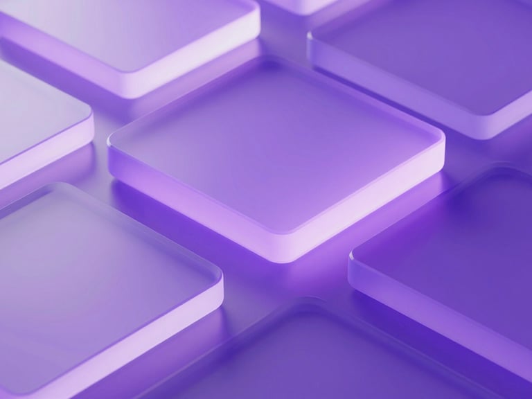 sleek 3d render of abstract glass layers forming a network, glowing neon gradients in purple, soft ambient backlighting, ultra-clean geometric shapes, octane render, macro close-up
