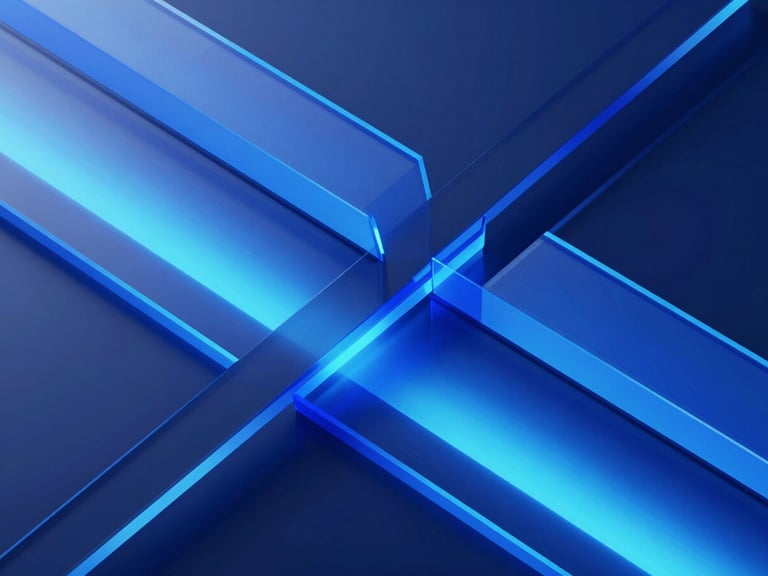 sleek 3d render of abstract glass layers forming a network, glowing neon gradients in primary blue, soft ambient backlighting, ultra-clean geometric shapes, octane render, macro close-up