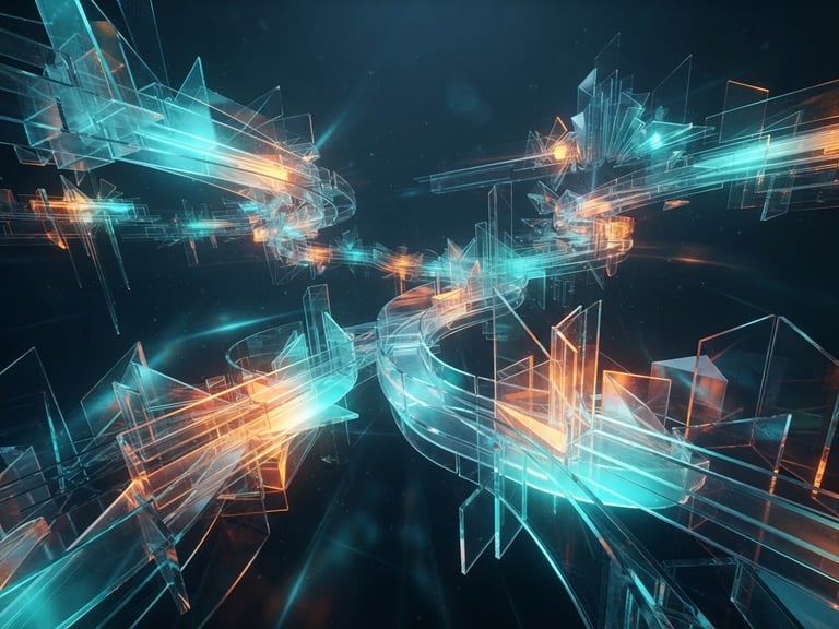 sleek 3d render of abstract glass layers forming a network, glowing neon gradients in cyan and orange, soft ambient backlighting, ultra-clean geometric shapes, octane render, wide atmospheric digital landscape
