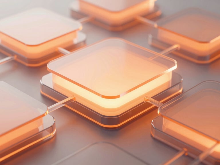 sleek 3d render of abstract glass layers forming a network, glowing neon gradients in orange, soft ambient backlighting, ultra-clean geometric shapes, octane render, macro close-up