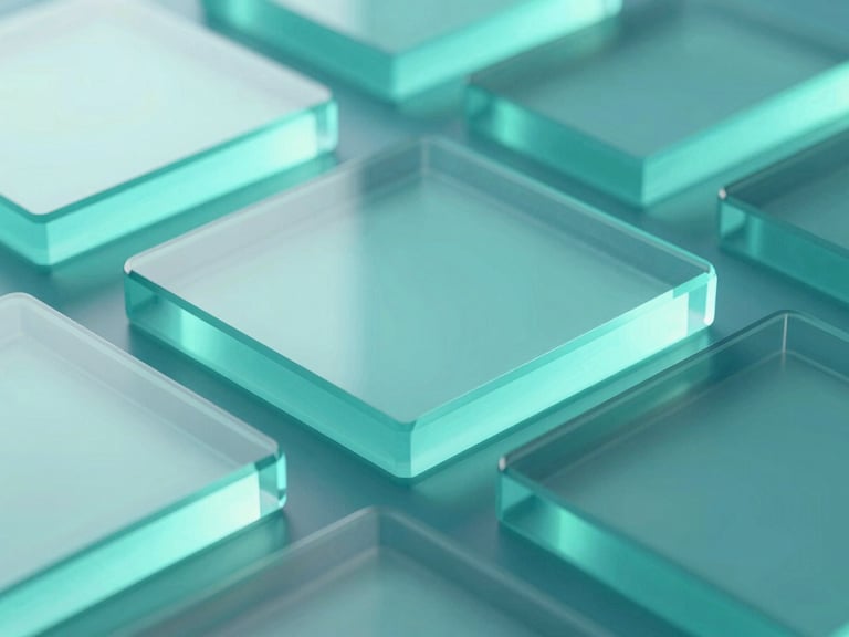 sleek 3d render of abstract glass layers forming a network, glowing neon gradients in cyan, soft ambient backlighting, ultra-clean geometric shapes, octane render, macro close-up