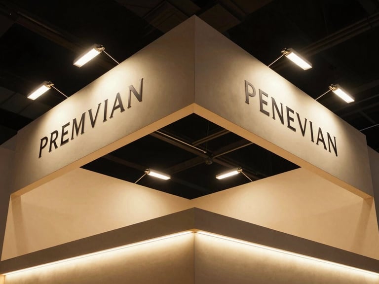 Low-angle shot of a premium food exhibition stand, elegant design, warm ambient lighting, showcasing product, sharp focus.
