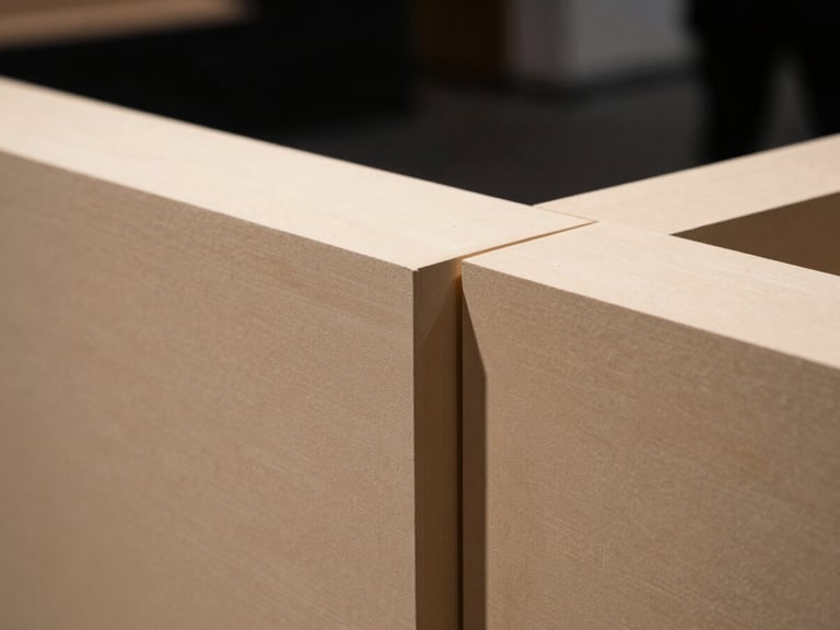 Close-up of a precise architectural joint on an exhibition stand, emphasizing material quality and structural connection, high-contrast, sharp focus, 35mm format