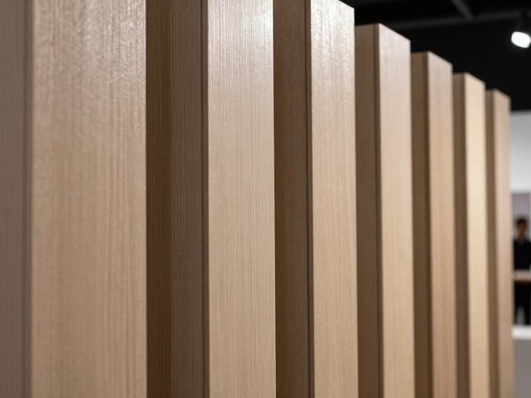 Macro shot of a high-end finish on an exhibition stand panel, showing texture and reflection under dramatic architectural lighting, high-contrast, sharp focus, 35mm format