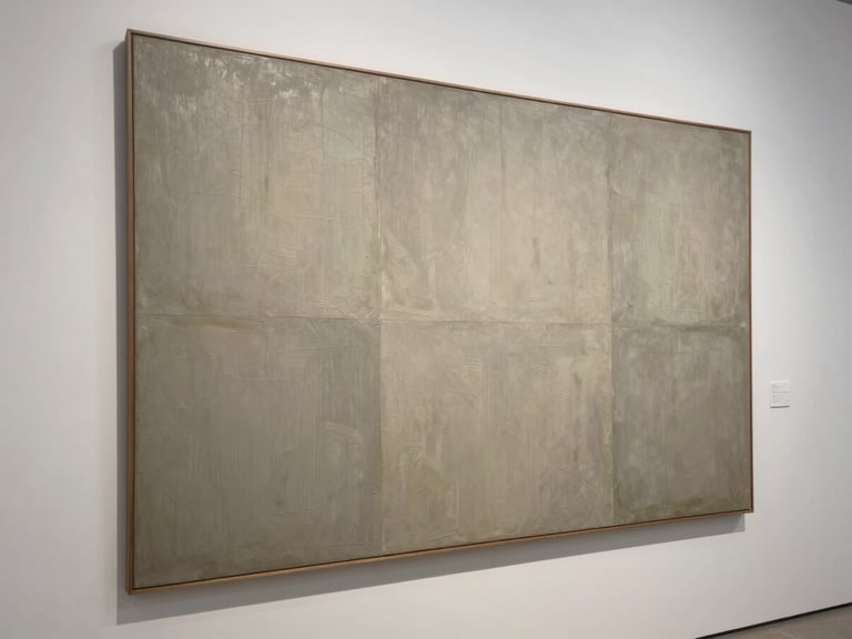 Orthogonal flat-lay of a large-scale textured painting hanging on a stark white gallery wall under neutral 5000K light, showing soft natural side-shadows.