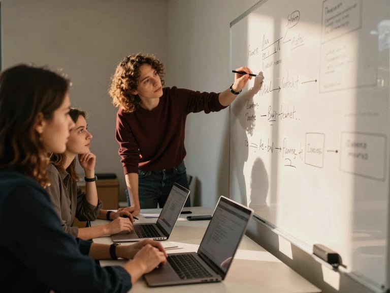 Candid medium shot of a creative agency team collaborating around a table, planning content on a whiteboard, with laptops open, soft golden-hour tones, rich shadows. Focus on interaction and strategy.