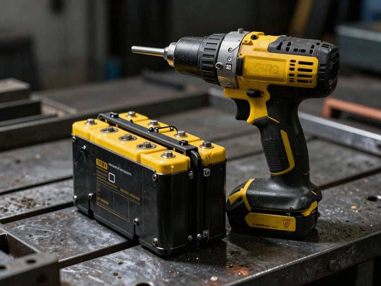 Gritty industrial photography of a high-capacity lithium-ion battery pack slotted into a heavy-duty impact driver on a steel workbench, hard side-lighting, high-contrast black and yellow tones, 35mm.