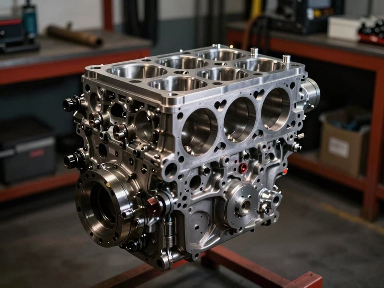 A clean, organized mechanical bay in Hermosillo, a high-end engine block exposed under dramatic spotlighting, metallic textures, sharp focus, 35mm
