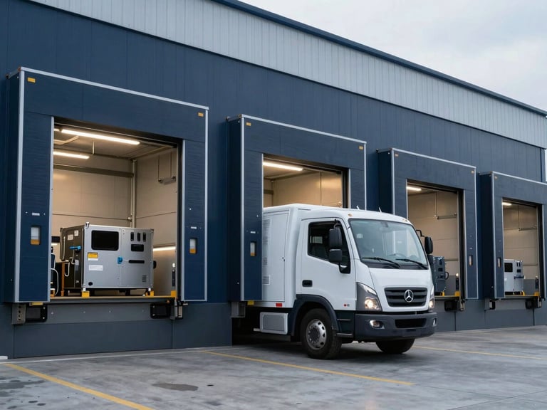 Modern, clean warehouse loading dock with a specialized fleet vehicle backed in, secured high-value industrial equipment visible, sharp industrial lighting.
